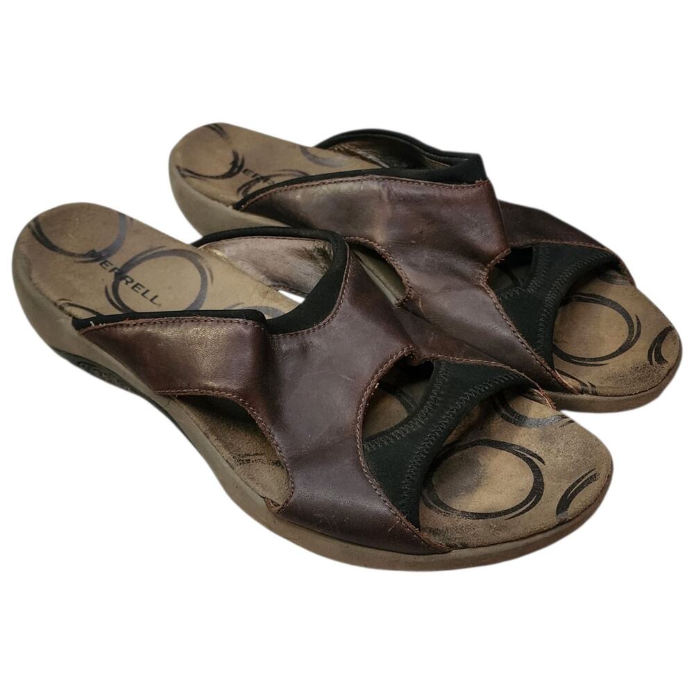 Merrell Womens Palmetto Brown Leather Slide Sandals Size 11 Cushioned Bohemian
